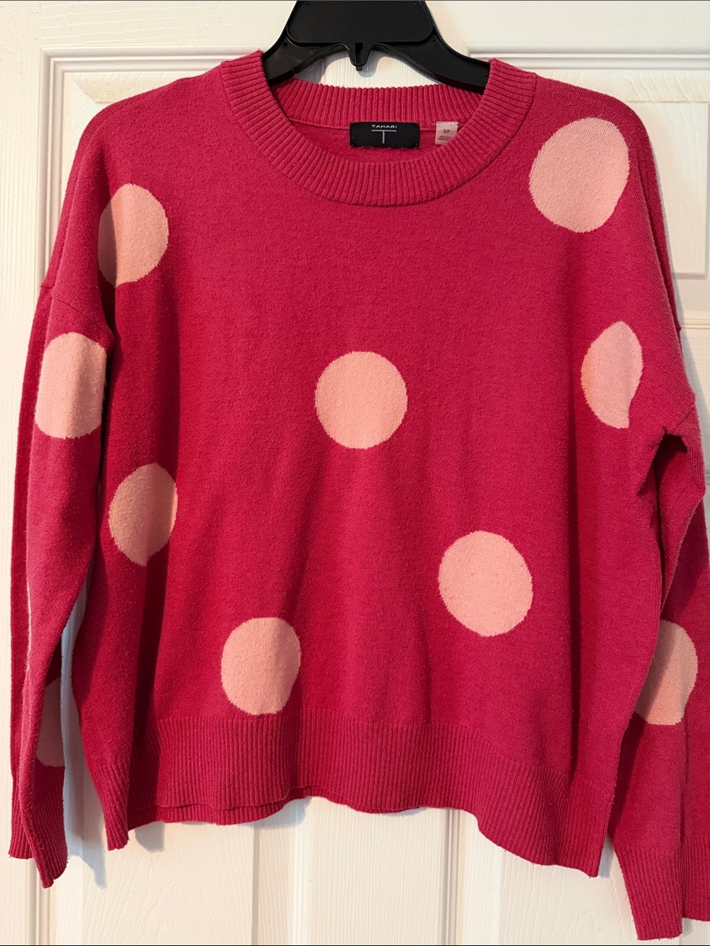 Tahari Hot Pink Crewneck Sweater with Light Pink Polka Dots